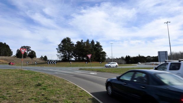 The roundabout at the intersection of Barton Hwy, Gundaroo Drive, and William Slim Drive in Gungahlin.