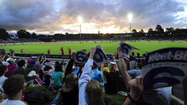Sellout: The crowd at Manuka for the Big Bash game between Sydney Sixers and Perth Scorchers.