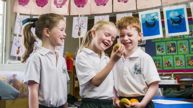 Farrer kindergarten pupils Elsa Connell, Grace Evans  and Oliver Turnbull discuss the merits of a kiwi fruit for lunch.  