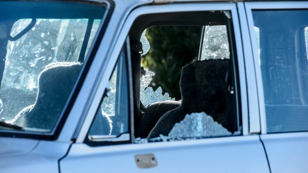 One of several vehicles that had their windows smashed at Canberra Railway Station on Thursday. 