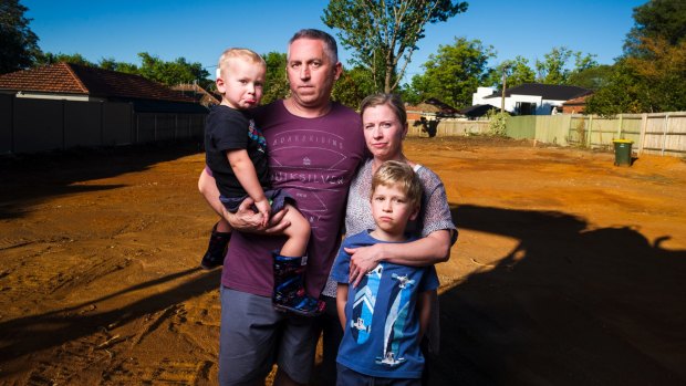 Anthony Steve and Clare Steve with their kids Oliver, 3, and Alexander, 7, paid $1.6 million for a Mr Fluffy block with friends, however asbestos has been found on the land.