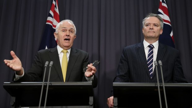 Prime Minister Malcolm Turnbull during a joint press conference with Minister for Finance Senator Mathias Cormann on Tuesday.