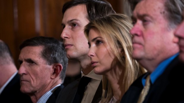 Jared Kushner and his wife Ivanka Trump at the White House during the visit of Japanese Prime Minister Shinzo Abe. At left is National Security Adviser Michael Flynn; at right is Steve Bannon. 