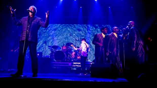 Tom Jones performs with the Blind Boys of Alabama at the Byron Bay Bluesfest. 