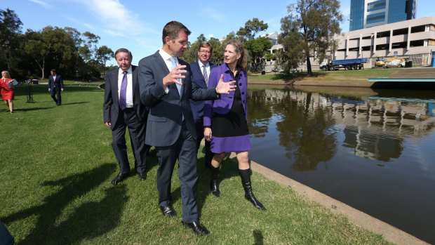 NSW Premier Mike Baird and new director of the Museum of Applied Arts and Sciences Dolla Merrillees opposite the proposed location in Parramatta for the new Powerhouse Museum.