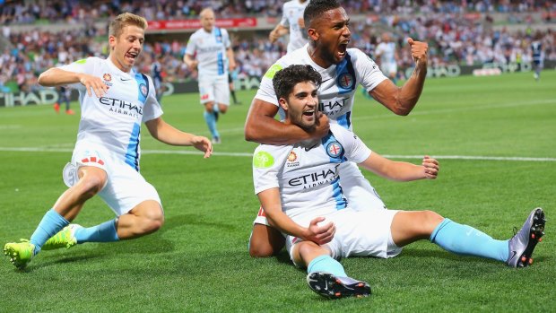 Paulo Retre of the City is congratulated by team mates after scoring a goal during the round 11 A-League match between Melbourne City FC and Melbourne Victory at AAMI Park on December 19, 2015 in Melbourne, Australia. (Photo by Quinn Rooney/Getty Images)