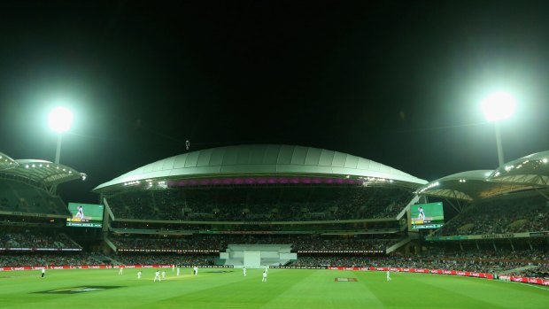 A general view of play under lights during day one of the third Test.