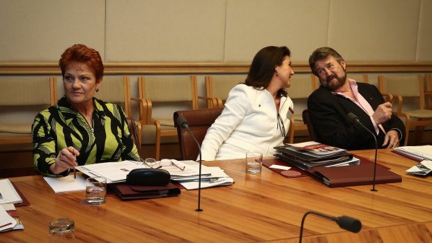 Senator Pauline Hanson, Senator Jane Hume and Senator Derryn Hinch during a presentation on the Senate on Tuesday.