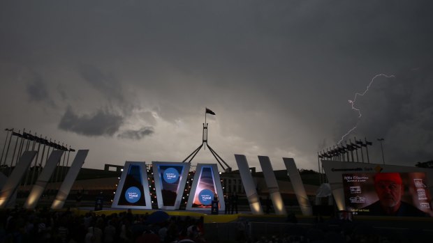 A dramatic storm passes over Australian of the Year ceremony on Monday.