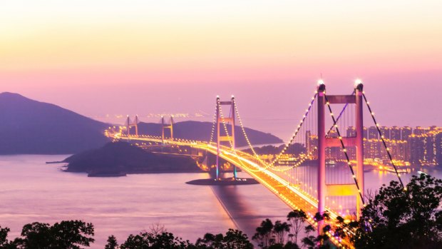 Hong Kong's Tsing Ma Bridge at sunset. 