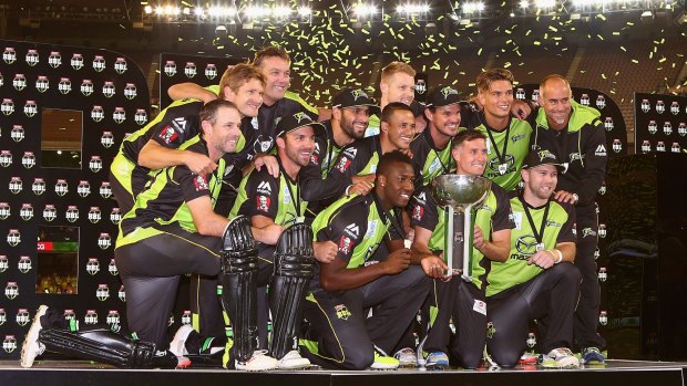 Big success: Sydney Thunder players celebrate their win over the Melbourne Stars in the final off the 2015-16 Big Bash League.