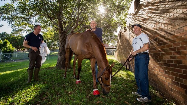 Happy family: (From left) foreman Robin Trevor-Jones, trainer Ed Dunlop and track rider Steve Nicholson with their beloved Red Cadeaux.