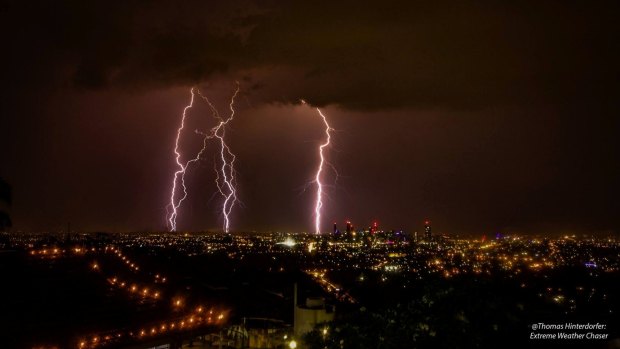 Lightning lights up the Brisbane CBD on Wednesday morning.