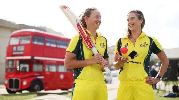 Australia players Meg Lanning and Ellyse Perry at the Women's Ashes schedule launch at Bondi Beach on Tuesday. 