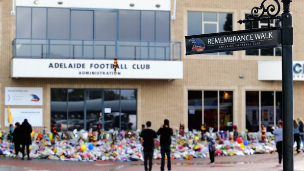 Tributes for Phil Walsh outside AAMI Stadium.