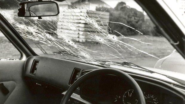 A victim's car at the scene of the Hoddle Street massacre in Clifton Hill, Melbourne on August 9, 1987. 