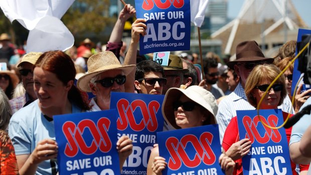 Protests: Hundreds of people gathered in Federation Square, Melbourne, to rally against cuts to the ABC.