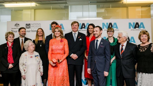 His Majesty King Willem-Alexander and Her Majesty Queen Maxima of the Netherlands meet Dutch migrants or their descendants at the National Archives of Australia.