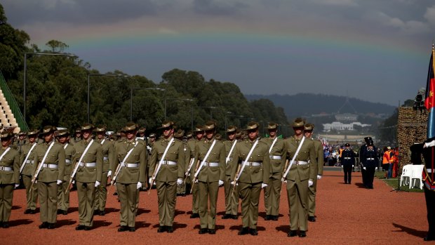 A rainbow marks the Anzac Day national ceremony in Canberra in 2015.