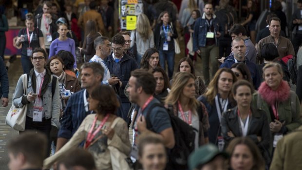 Attendees wait at the 2017 South By Southwest (SXSW) Interactive Festival in Austin.