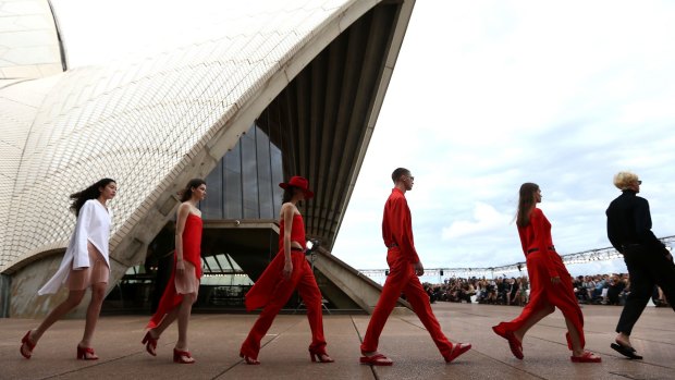 Models on the runway during the Mercedes-Benz Presents Dion Lee show at Mercedes-Benz Fashion Week.