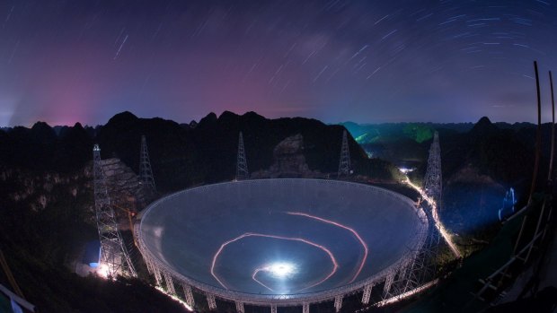 A long exposure photograph of the dish, released by China's Xinhua News Agency.