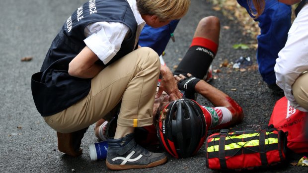 Richie Porte receiving medical help after Sunday's crash.