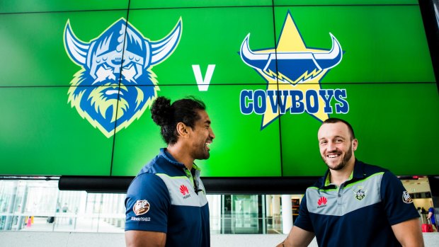The Canberra Raiders players arive at the Canberra Airport, to go to Townsville for their opening round match against the Cowboys. Raiders player Sia Soliola and Josh Hodgson. Photo: Jamila Toderas