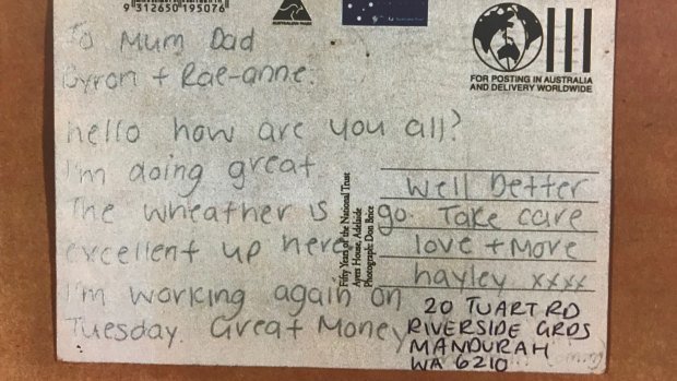 A postcard Hayley Dodd posted to her family a day before her murder. 