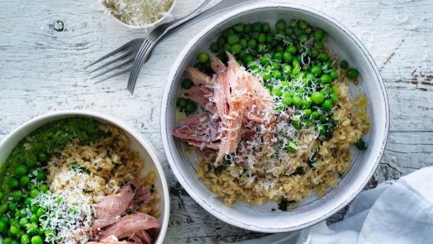 Jill Dupleix's green pea rice with ham hock and mustard recipe.