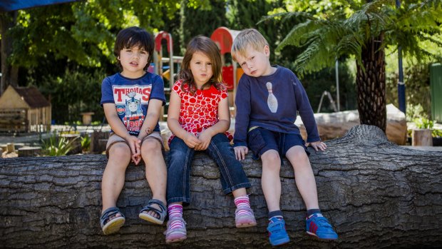 Manuka Occasional Childcare Centre pre-schoolers, from left, James Smiles, Julia Armstrong and Hugo Peat, all 4.