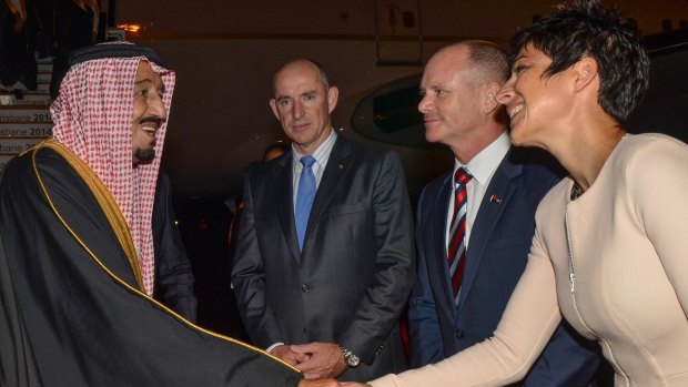 Saudi Arabia's Crown Prince Salman bin Abdulaziz is welcomed by Queensland's Premier Campbell Newman and his wife Lisa Newman at the G20 Terminal in Brisbane.