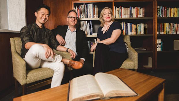 Benjamin Law, Garth Nix, and Kaz Cooke at the National Library on Friday.