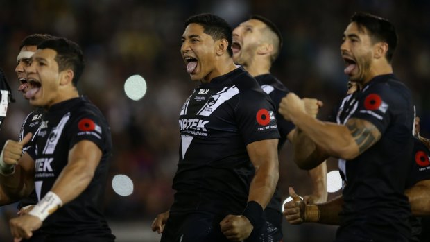Jason Taumalolo, centre, performing the haka for New Zealand ahead of a Test in 2016.