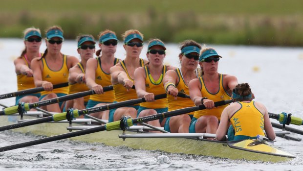 Hannah Vermeersch, Renee Chatterton, Robyn Selby Smith, Sarah Cook, Tess Gerrand, Alexandra Hagan, Sally Kehoe, Phoebe Stanley, and Elizabeth Patrick of Australia compete in Heat 1 of the Women's Eight on Day 2 of the London 2012 Olympic Games at Eton Dorney on July 29, 2012 in Windsor, England. 
