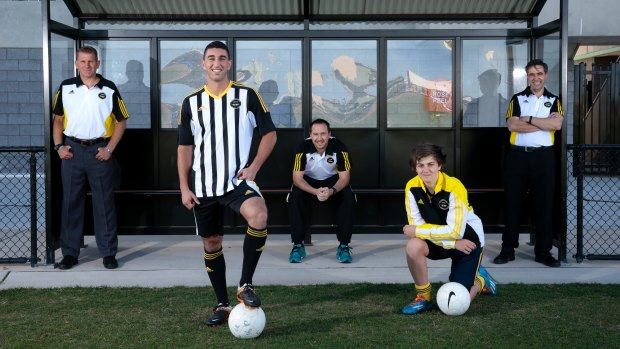 Gungahlin United could cap a stunning first year in the Capital Fooball National Premier League by qualifying for the FFA Cup on Saturday. From left, men's head coach Claudio Canosa, assistant head coach Mitch Stevens, president Ricardo Alberto, front from left, men's premier league player Stephen Domenici and under-18 player Frazier Phillips.