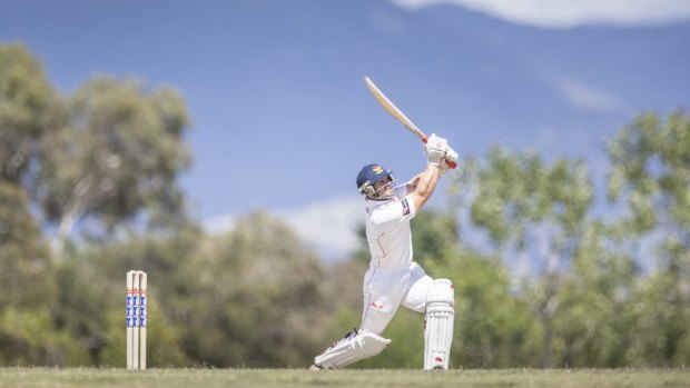 Tuggeranong batsman Eric Witheridge finds the boundary with a straight drive to Long Off.