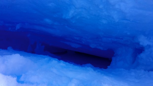 A photograph of the crevasse David Wood fell into. His colleague Paul Sutton guessed it was about half a metre wide at the top.