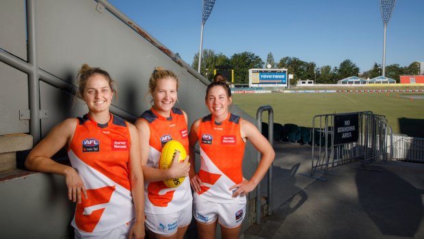 GWS Giants' Ellie Brush, Britt Tully, and Jodie Hicks at Manuka Oval on the eve of their clash with the Western Bulldogs.