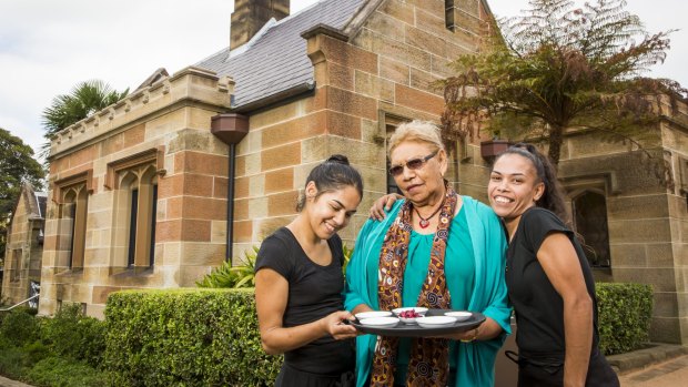 Students Kevina Fernando (left) and Kristie Ingram with Aunty Beryl (centre) at the Aboriginal-run Gardener's Lodge Cafe in Camperdown.