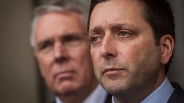 Victorian Opposition Leader Matthew Guy (right) and state Nationals leader Peter Walsh announce a new shadow ministry line-up.