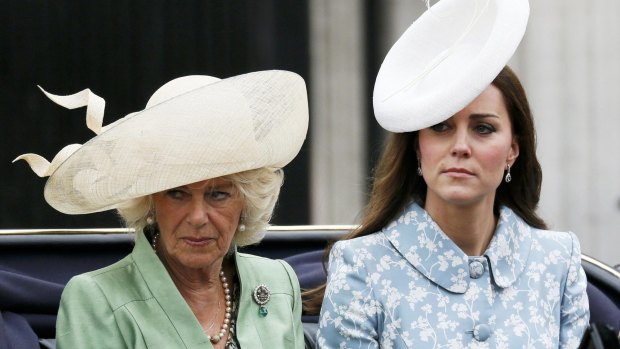Britain's Catherine, the Duchess of Cambridge  and Camilla the Duchess of  Cornwall leave Buckingham Palace by carriage.