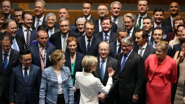 Foreign Affairs minister Julie Bishop poses for photos with Australian global heads of mission in Canberra for a meeting at Parliament House on Tuesday.