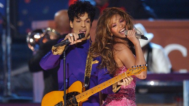 Prince and Beyonce perform a medley of his hits during The 46th Annual Grammy Awards at the Staples Center on February 8, 2004 in Los Angeles, California.