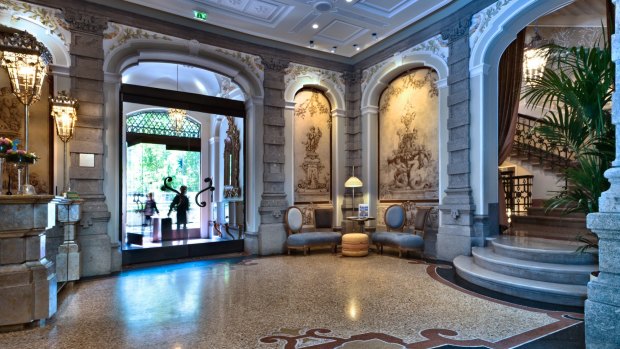 Lobby of Hotel Château Monfort, Milan.