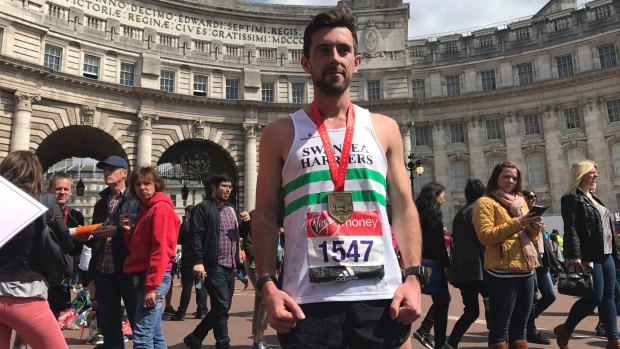 Matthew Rees, 29, from Swansea, carried an exhausted fellow athlete over the London Marathon finishing line.
