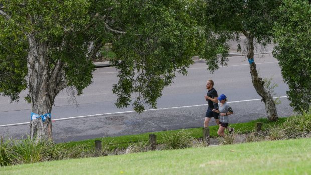 Joggers on Campbell Road, St Peters, in the part of Sydney Park that will be acquired as part of the WestConnex project.