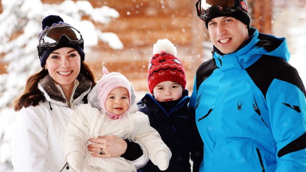 Catherine, Duchess of Cambridge and Prince William, Duke of Cambridge, with their children, Princess Charlotte and Prince George. It was Charlotte and George's first time in the snow. 