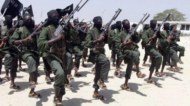 Al-Shabaab fighters perform military exercises south of Mogadishu in 2011.