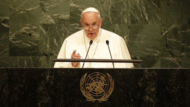 Powerful speech ... Pope Francis addresses the 70th session of the United Nations General Assembly on Friday at the United Nations headquarters.